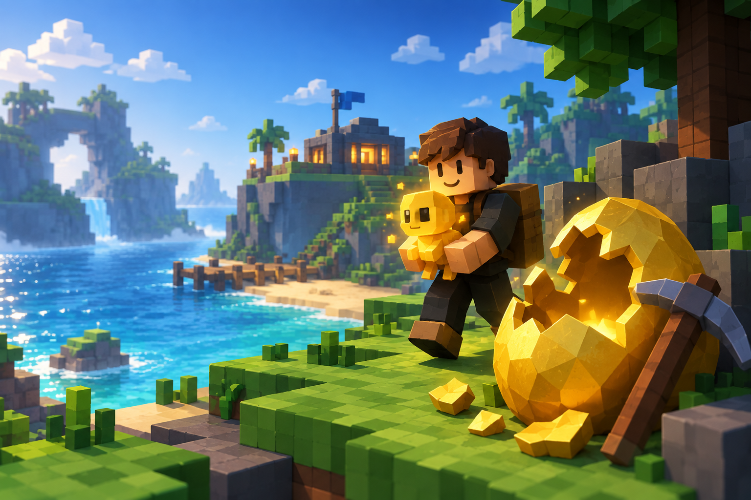 Illustrative blocky adventurer carrying a small animal beside a large golden egg on a green island